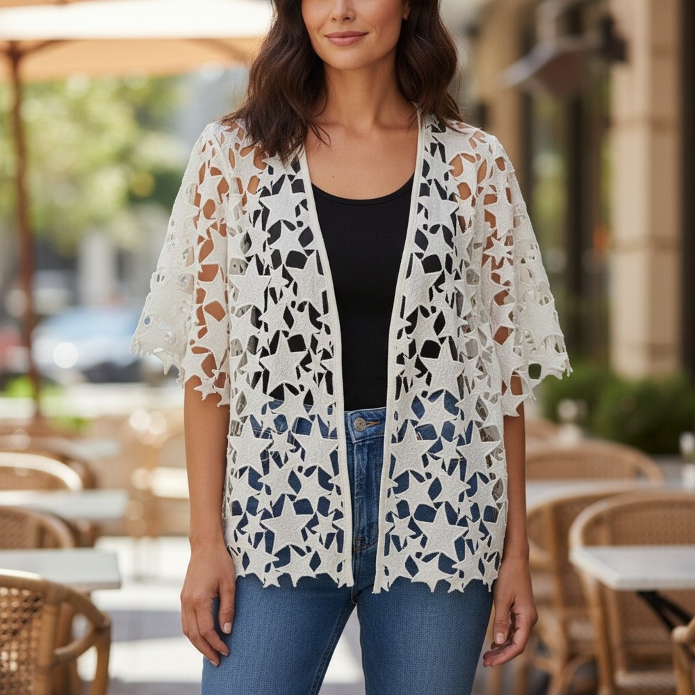 House of Harlow 1960 Star Kimono Cardigan White Funky Party Cut Out - One‎ Size